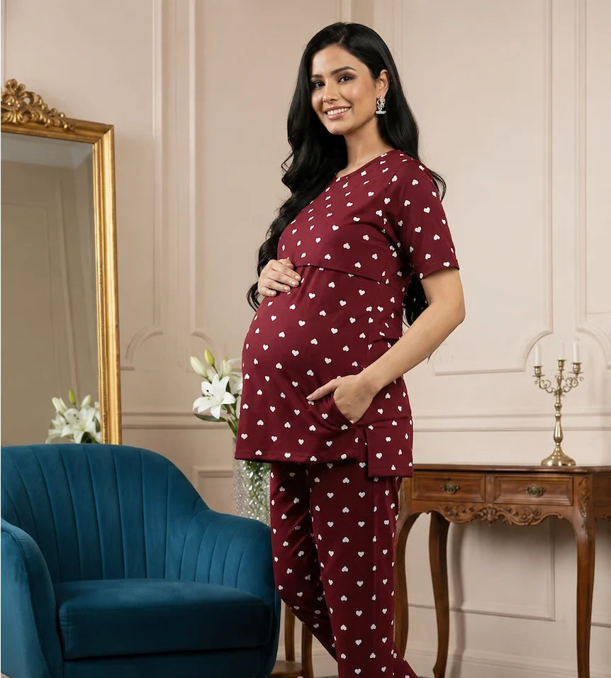 Heart Print Maternity &amp; Feeding Co-Ord Set