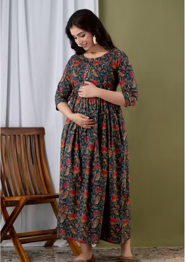 Pure Cotton Printed Maternity & Feeding Gown