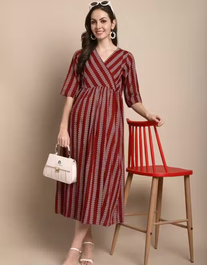Maroon Cotton Maternity & Feeding Dress