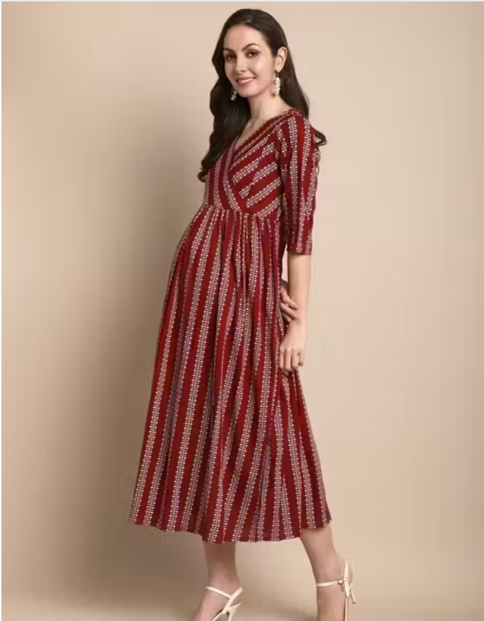 Maroon Cotton Maternity & Feeding Dress